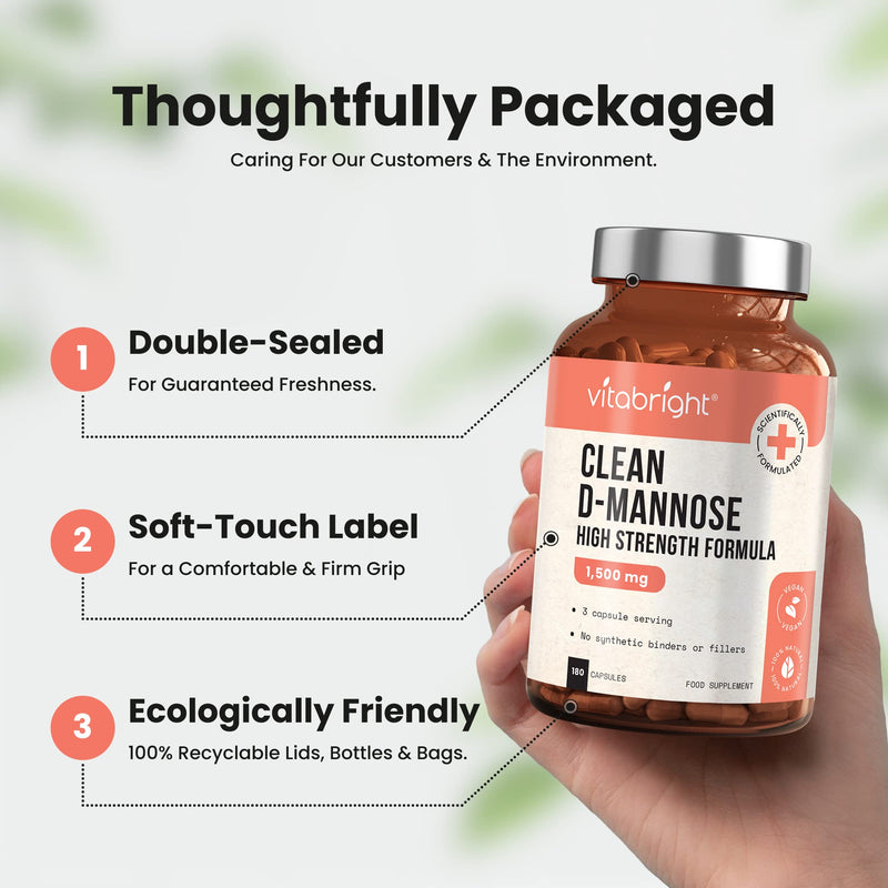 D-Mannose Capsules - High Strength 1500mg per Serving of 3 Capsules - 180 Capsules (60 Day Supply) - Contributes to Healthy Urinary Tract & Bladder - Natural Ingredients - Made in UK by VitaBright 180 Count (Pack of 1) - BeesActive Australia