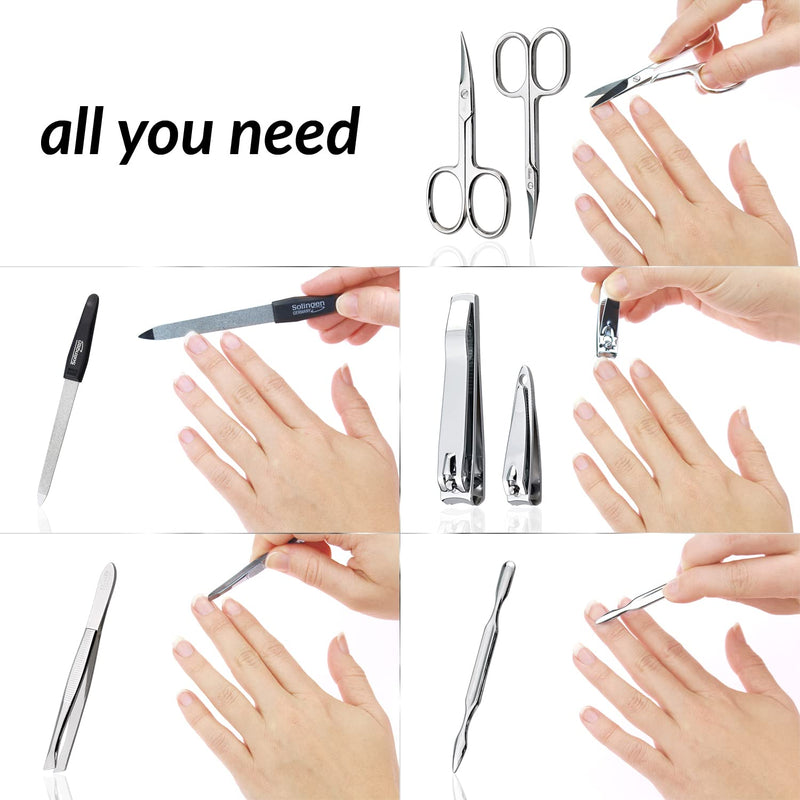 marQus Manicure Set Solingen Made in Germany - 7 piece stainless steel exclusive finger & toe nail clippers set in Nappa black leather case, made in Solingen Germany* (except for clippers) - BeesActive Australia