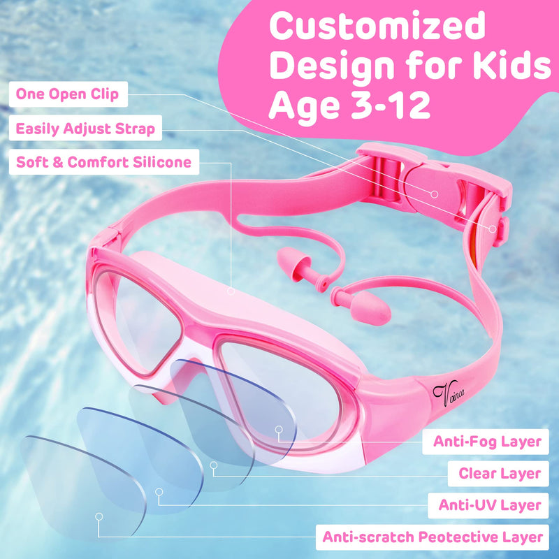 Vvinca Kids Swim Goggles for Kids 3-12, 2022 Upgraded Design with Ear&Nose Plug, Wide View Anit-Fog No Leak Water Pool Goggle 1 Pack Pink - BeesActive Australia
