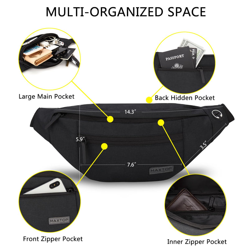 MAXTOP Large Crossbody Fanny Pack Belt Bag for Women Men with 4-Zipper Pockets Gifts for Enjoy Sports Yoga Festival Workout Traveling Running Hands-Free Wallets Waist Pack Phone Bag Fits All Phones Black(4 Zipper Pockets) - BeesActive Australia