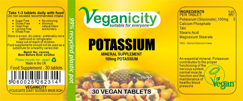 Veganicity Potassium 100mg : Bone & Joint Health Supplement - 30 Tablets, in a Planet-Friendly 99% Recycled Pot - BeesActive Australia