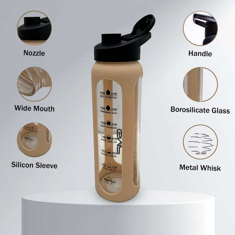 GMP star Sports Borosilicate Glass Water Bottle for Hot and Cold with Silicone Sleeve and Protein Shaker Whisk 600ml UK Company - BeesActive Australia