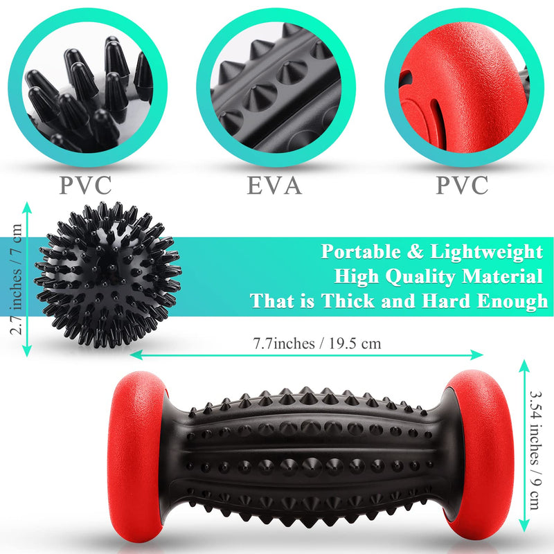 HOFASON Foot Roller Massage Ball for Plantar Fasciitis Relief, Foot Arch Pain, Myofascial Pain and Body Muscle Pain, Foot Massager Reflexology Tool, 1 Foot Massage Roller & 2 Spiky Balls (Black Red) Black Red - BeesActive Australia