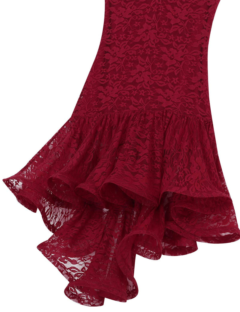 [AUSTRALIA] - ACSUSS Womens Adult Square Neck Dance Costume Swallowtail Rumba Salsa Ruffled High Low Dance Dress Burgundy Large 