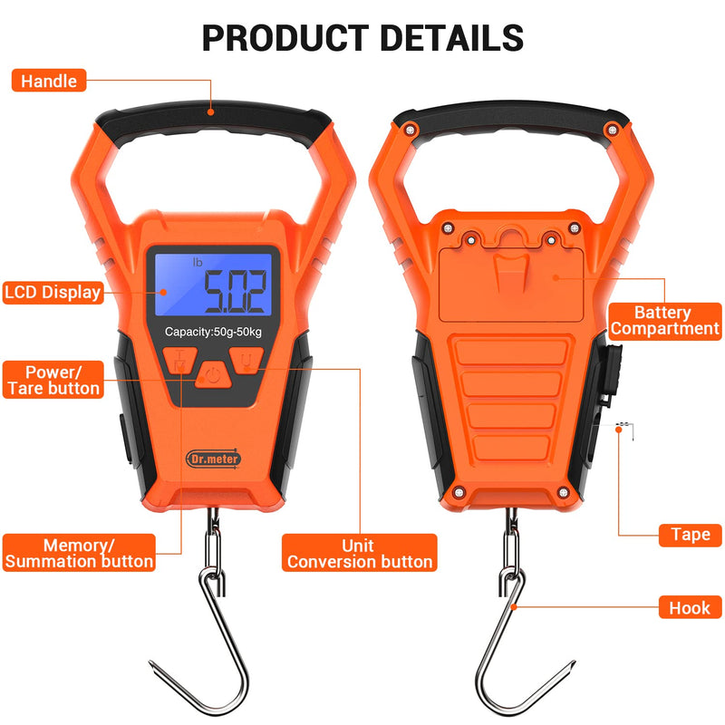 IPX7 Waterproof Fishing Scale, Dr.meter Upgraded YW-S068 110lb/50kg Backlit LCD Display Digital Hanging Scale with Bigger Handle and Hook, Built-in Tape, Battery Included - BeesActive Australia
