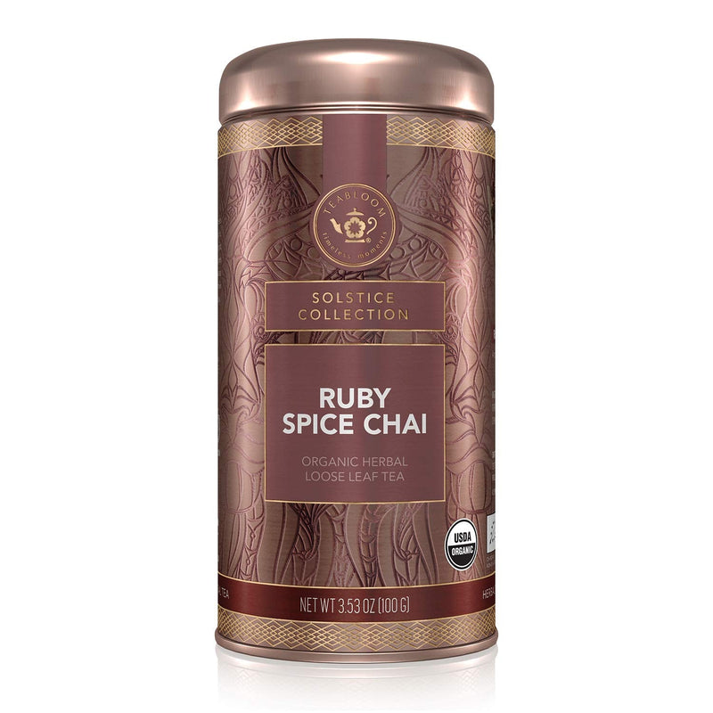 Teabloom Organic Herbal Tea, Ruby Spice Chai Loose Leaf Tea, Spicy and Rich Rooibos Chai with No Caffeine, USDA and EU Certified Organic, Fresh Whole Leaf Blend in Reusable Gift Canister, 3 oz/85 g Canister Makes 35-50 Cups - BeesActive Australia