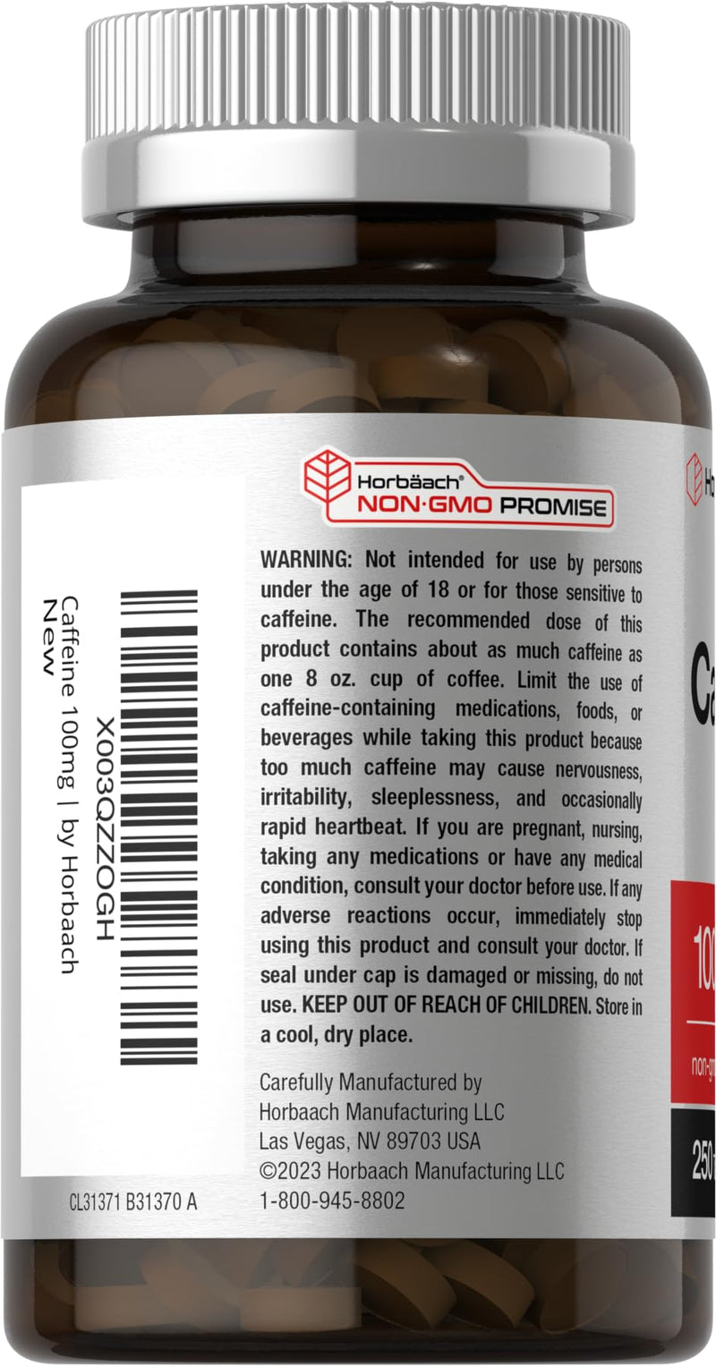 Caffeine Pills 100mg | 250 Tablets | Vegetarian Formula | Non-GMO, Gluten Free Supplement | by Horbaach - BeesActive Australia