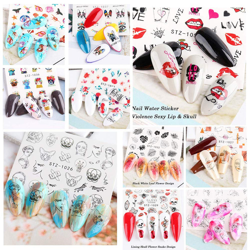 Nail Art Sticker Decals Foil Water Transfer Sticker Snake Flower Butterfly Letters Heart Lips Abstract Image Black Line Face Animals Fashion Design for women Manicure Charms Decorations Supplies 48 Sheets - BeesActive Australia