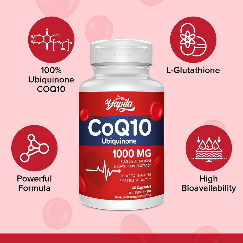 CoQ10 with L-Glutathione 1000mg Capsules - 100% Fermented Coq10 Supplement, High Absorption, Super Strength Coenzyme Q10, Antioxidant Supplements, Soy-Free, Glute-Free, Non-GMO, Vegan 60 count (Pack of 1) - BeesActive Australia