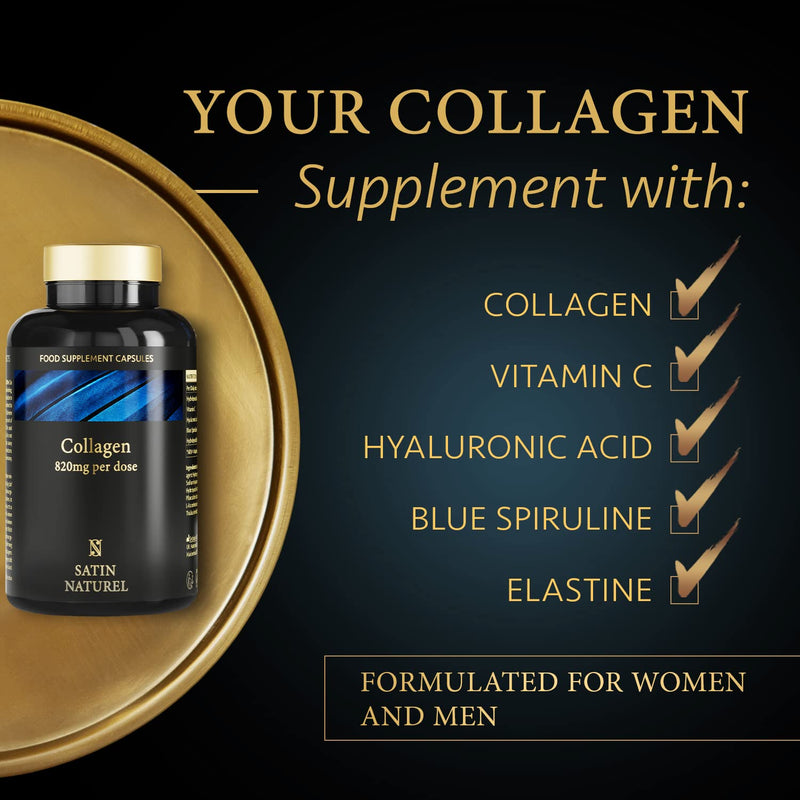 Collagen Capsules 820mg - 180 High Strength Capsules (3 Months Supply) - Premium Bovine Collagen Supplements for Women and Men - with Hyaluronic Acid and Vitamin C to Support Skin - Satin Naturel - BeesActive Australia