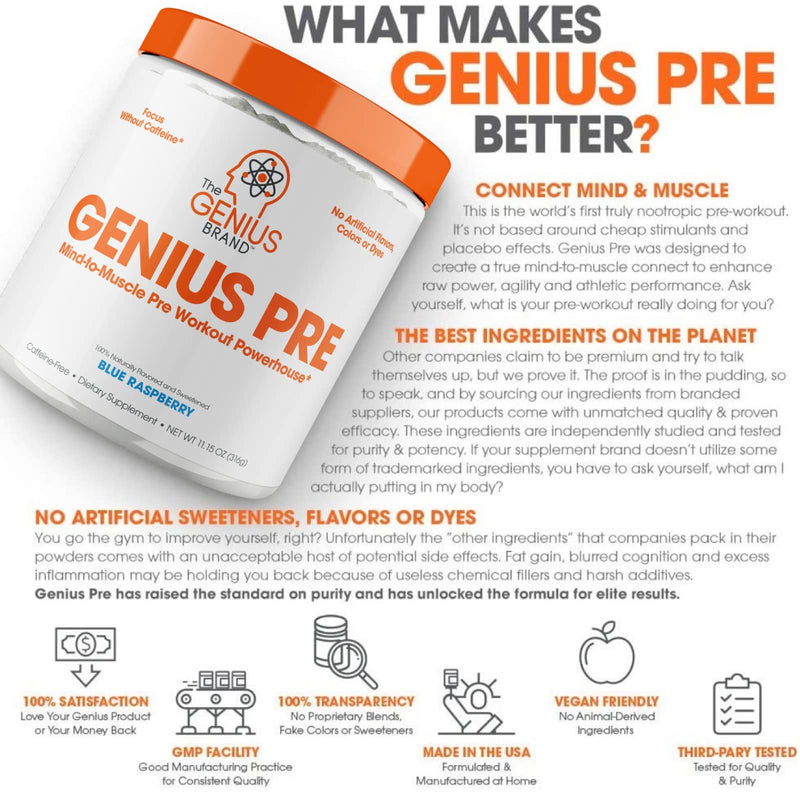 Genius Pre Workout Powder, Blue Raspberry - All-Natural Nootropic Pre-workout & Caffeine-Free Nitric Oxide Booster Supplement with Beta Alanine & Alpha GPC - No Artificial Flavors, Sweeteners, or Dyes - BeesActive Australia