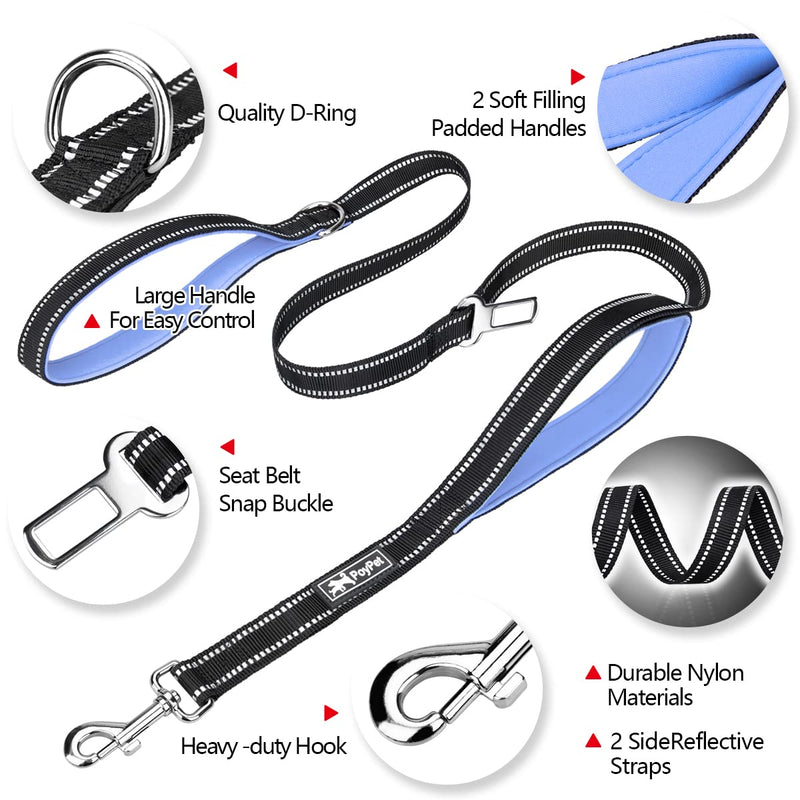 PoyPet 5 Feet Dog Leash - Reflective - 2 Cushioned Handles - Functional Car Seat Belt Light Blue Classic - BeesActive Australia