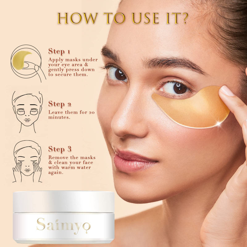 Saimyo 24K GOLD Eye Mask– 60 Pcs - Gold Under Eye Mask Retinol & Collagen - Puffy Eyes and Dark Circles Treatments – Look Younger and Reduce Wrinkles and Fine Lines Undereye, Improve and Firm eye Skin - BeesActive Australia