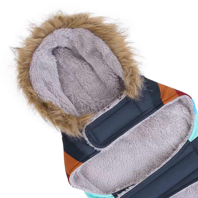 HDE Dog Puffer Jacket Fleece Lined Warm Dog Parka Winter Coat with Harness Hole X-Large Navy Retro Stripe - BeesActive Australia