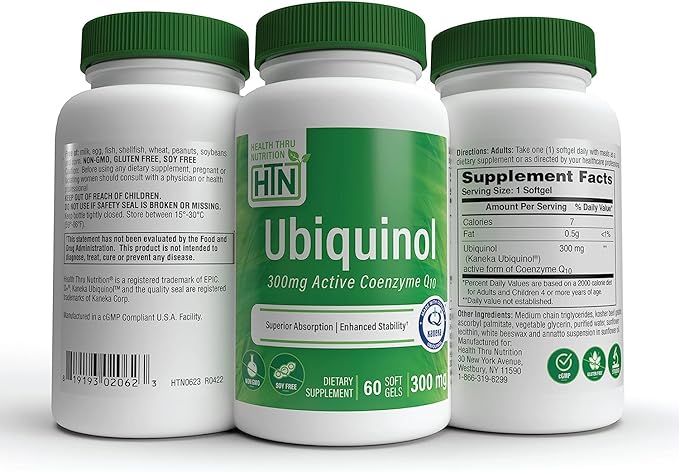 Health Thru Nutrition Ubiquinol 300mg - Kaneka Reduced Coenzyme Q10 Enhanced Bioavailability, Coenzyme Q10, Non-GMO, Soy-Free (60 Softgels) - BeesActive Australia
