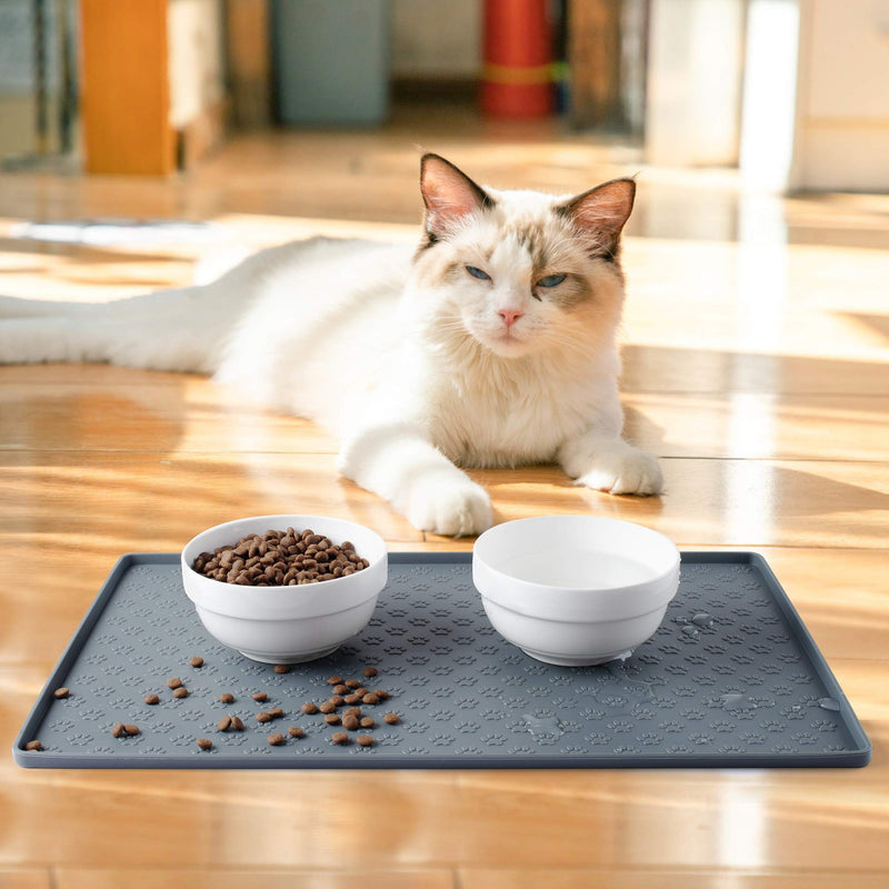 Coomazy Dog Cat Pet Feeding Mat, Silicone Waterproof Food Mat 0.4inch Raised Edges, Nonslip Pet Placemat Bowl Tray to Stop Food Spills and Water Messes Out to Floor M: 48x30cm/18.9x11.8in Grey - BeesActive Australia
