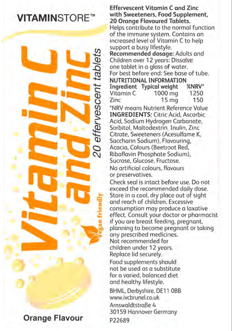 Vitamin Store Vitamin C and Zinc Effervescent Tablets, Orange Flavoured, Suitable for Vegans, 6 Packs of 20 20 Count (Pack of 6) - BeesActive Australia