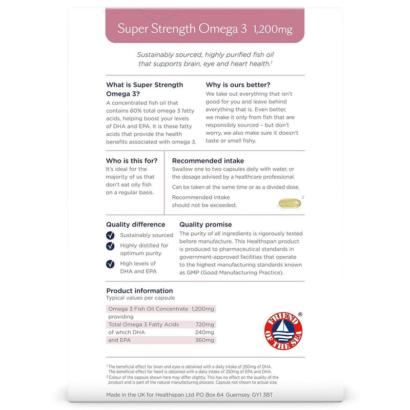 Healthspan Super Strength Omega 3 1,200mg (120 Capsules) | Brain, Heart & Eye Health | 240mg DHA & 360mg EPA per Capsule| Highly Purified to Remove Toxins | Sustainably Sourced Fish Oil 120 Count (Pack of 1) - BeesActive Australia