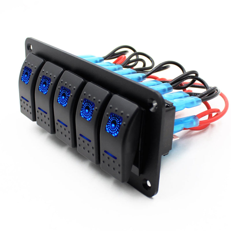 [AUSTRALIA] - FXC Rocker Switch Aluminum Panel 5 Gang Toggle Switches Dash 5 Pin ON/Off 2 LED Backlit for Boat Car Marine Blue 