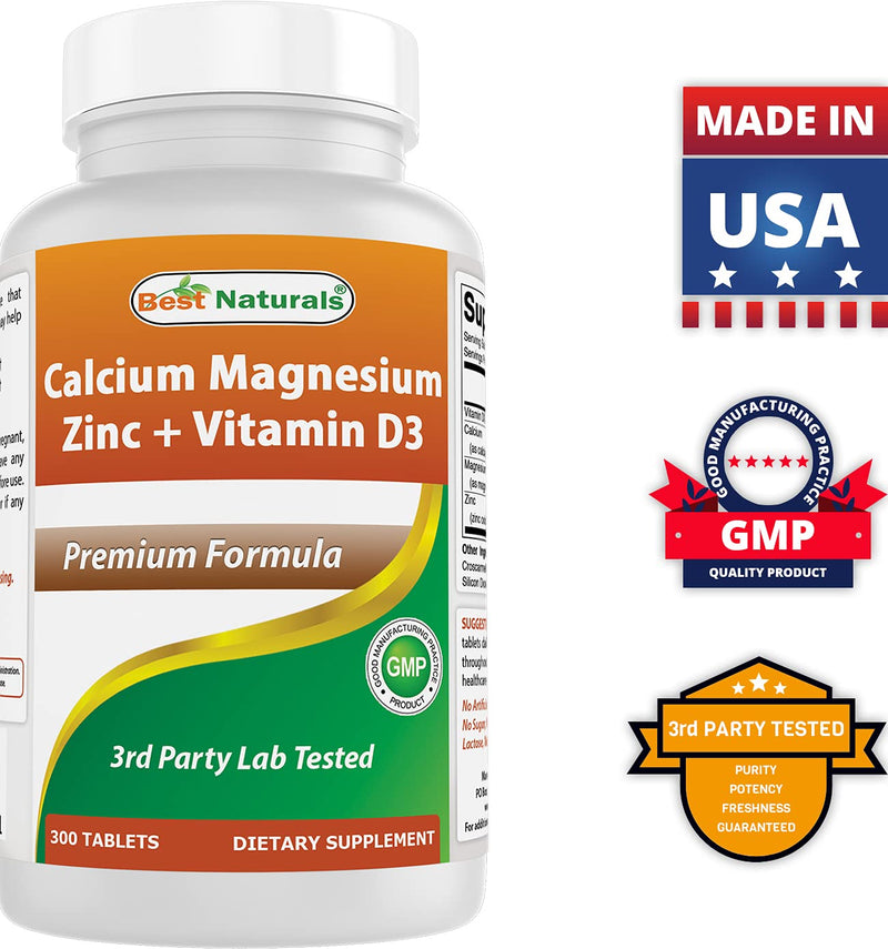 Best Naturals Calcium Magnesium Zinc with Vitamin D3, 300 Tablets - Calcium 1000 mg, Magnesium 400 mg, Zinc 25 mg & D3 600 IU per Serving (3 Tablets) - BeesActive Australia