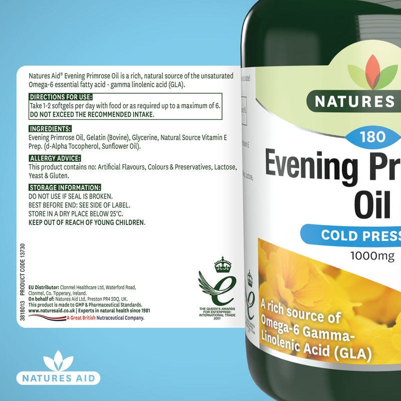 Natures Aid Evening Primrose Oil 1000 mg, Cold Pressed, Omega-6 GLA, 180 Softgel Capsules 180 Count (Pack of 1) - BeesActive Australia
