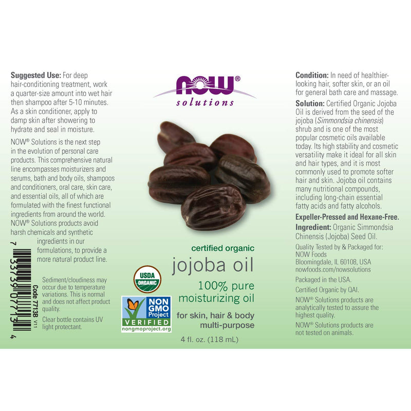 Now Solutions, Organic Jojoba Oil, Moisturizing Multi-Purpose Oil for Face, Hair and Body, 4 Fl Oz - BeesActive Australia