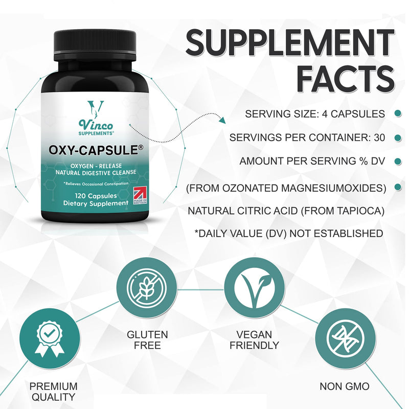 Vinco Supplements Oxy-Capsule Magnesium Compound - Vegan Oxygen Powder Natural Colon Cleanser - Gas Relief, Bloating Relief, Constipation Relief - Intestinal Cleanser for Adults - 120 Count - BeesActive Australia