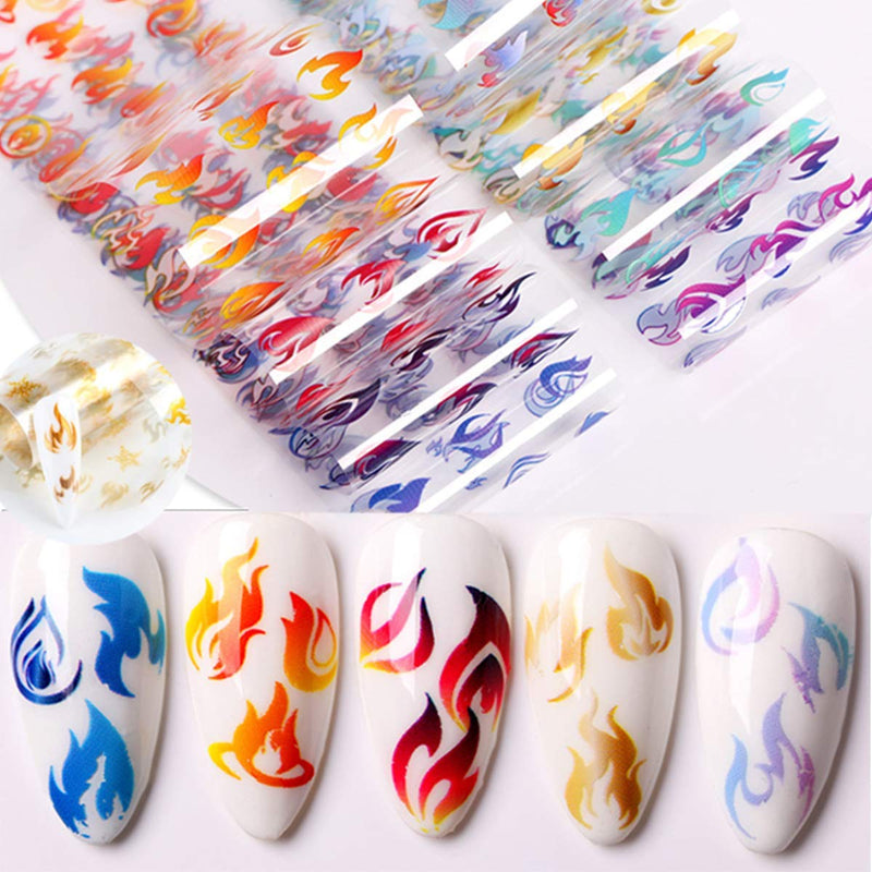 Flame Nail Art Foil Transfer Stickers Nail Accessories 10Sheets Flame Fire Nail Foils Adhesive Nail Decals Starry Sky Stencil Stuff for Women DIY Nail Art Decorations Acrylic Nails Design Manicure - BeesActive Australia