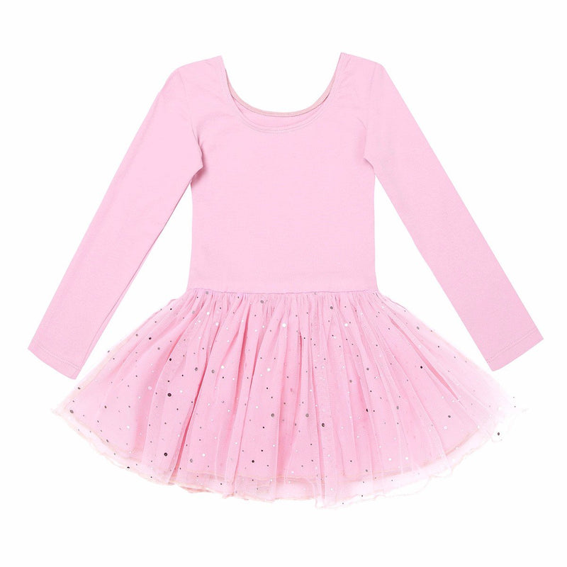 [AUSTRALIA] - FEESHOW Kids Girls Long Sleeve Leotard Gymnastics Ballet Dance Tutu Dress Shiny Mesh Skirt Ballerina Costumes Pink 5 / 6 