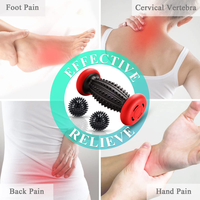 HOFASON Foot Roller Massage Ball for Plantar Fasciitis Relief, Foot Arch Pain, Myofascial Pain and Body Muscle Pain, Foot Massager Reflexology Tool, 1 Foot Massage Roller & 2 Spiky Balls (Black Red) Black Red - BeesActive Australia