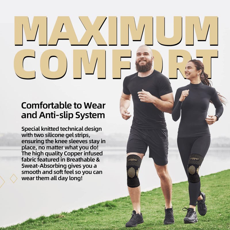 Copper Knee Braces for Knee Pain Women & Men - 2 Pack Knee Brace Compression Sleeve, Best knee Support for Arthritis Pain,Meniscus Tear, Running,Weightlifting,Working Out,ACL,MCL,Knee Pain Relief XL Copper-Black - BeesActive Australia