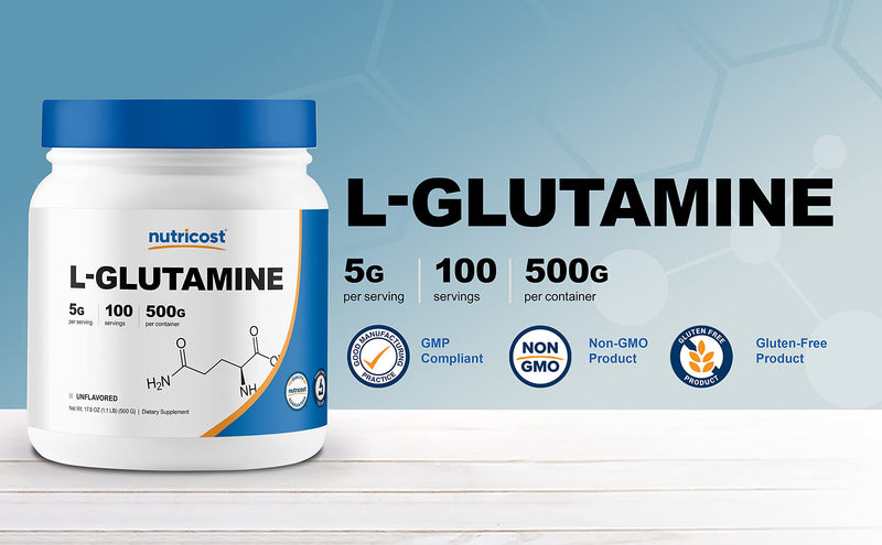 Nutricost L-Glutamine Powder (500 Grams) Unflavored - Gluten Free & Non-GMO, 100 Servings 1.1 Pound (Pack of 1) - BeesActive Australia