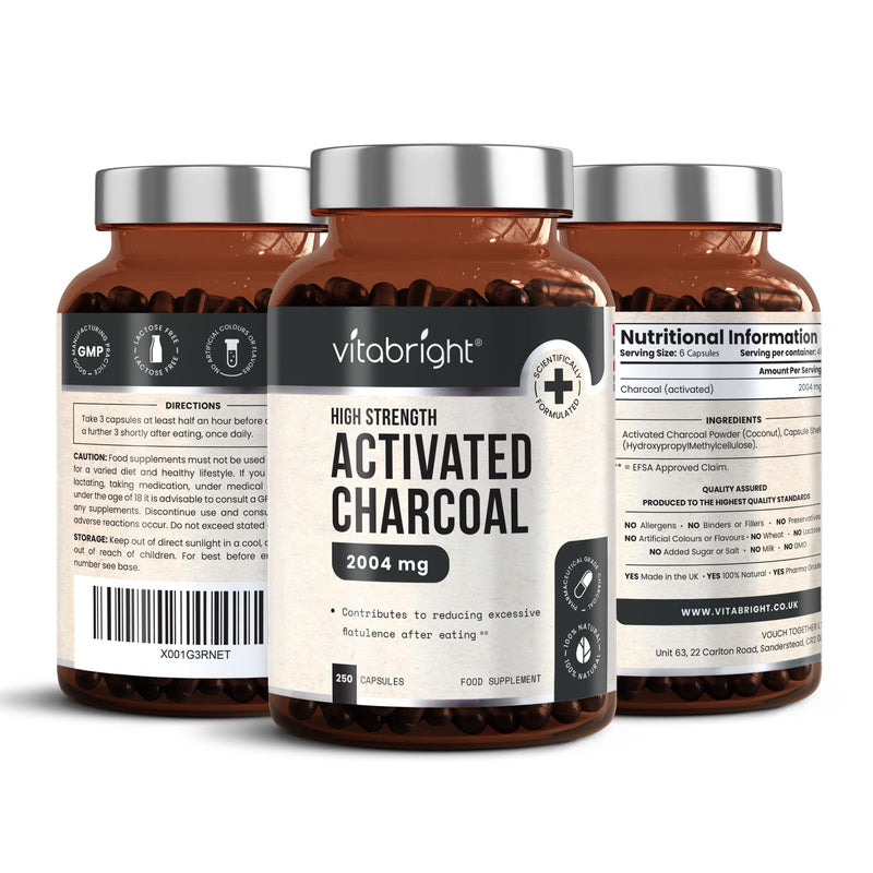 Activated Charcoal Capsules - 250 Capsules - 2004mg per Serving of 6 Capsules - from Natural Coconut Shell - for Indigestion, Bloating, Excessive Flatulence, Gas - Vegan - Made in UK by VitaBright - BeesActive Australia