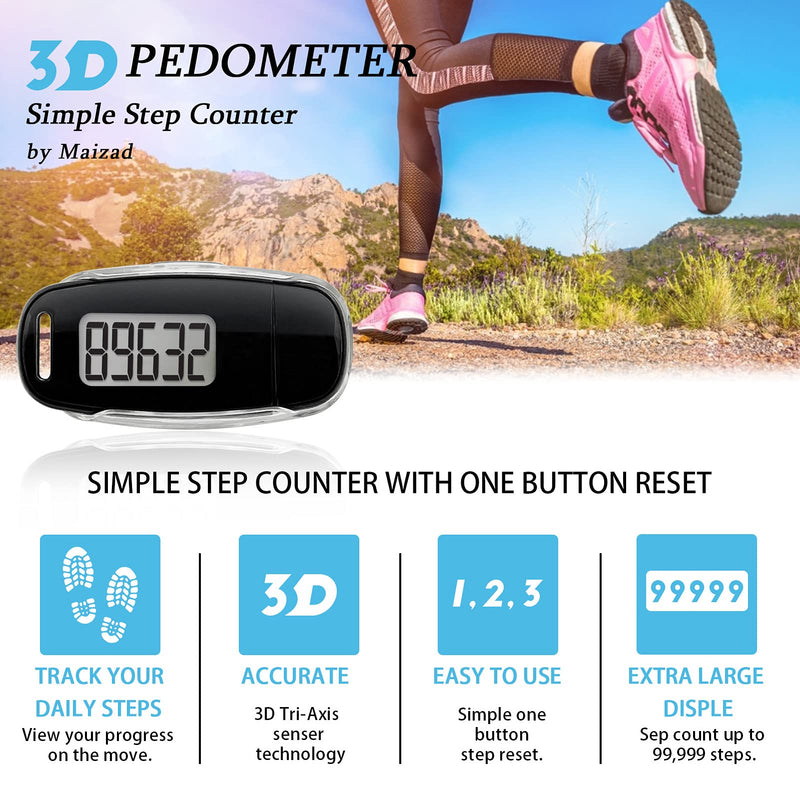 3D Pedometer with Clip and Strap, Simple USB Charge Walking Step Counter, 30 Days Memory, Accurate Step Counter with Large LCD Screen, Daily Target Monitor, Exercise Time, Black - BeesActive Australia