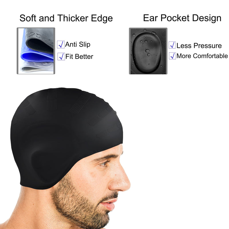 Vsidea Silicone Swim Cap (2pack),Ear Protection 3D Ergonomic Design Waterproof Bathing Solid Swimming Cap Ear Cover Pockets Comfortable for Adult Men Women Long Hair Black+Blue - BeesActive Australia