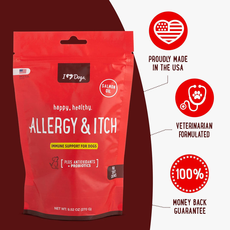 iHeartDogs Allergy & Itch Relief for Dogs with Salmon Oil, Quercetin, Colostrum, Antioxidants and Probiotics - 90 Count - BeesActive Australia
