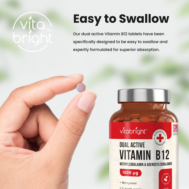 Vitamin B12 Tablets - 1000mcg High Strength - Dual Active Methylcobalamin and Adenosylcobalamin - 60 Tablets (2 Month Supply) - for Immune System, Brain and Energy - Vegan - Made in UK by VitaBright 60 Count (Pack of 1) - BeesActive Australia