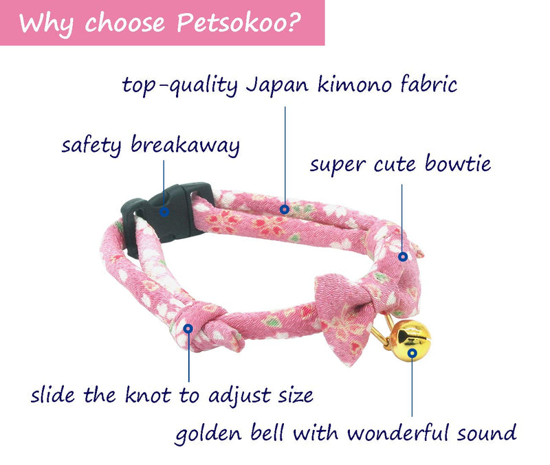 PetSoKoo Bowtie Chirimen Cat Collar with Bell. Japan Flower Bow Tie Style. Safety Breakaway & Light Weight, Soft, Comfortable, Durable Standard (6-13 inch,16-32cm) Sakura Pink - BeesActive Australia
