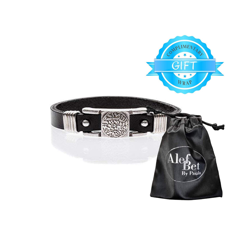 Men's Bracelet Black Leather Hebrew Shema Israel Prayer Bracelet Shema Black - BeesActive Australia