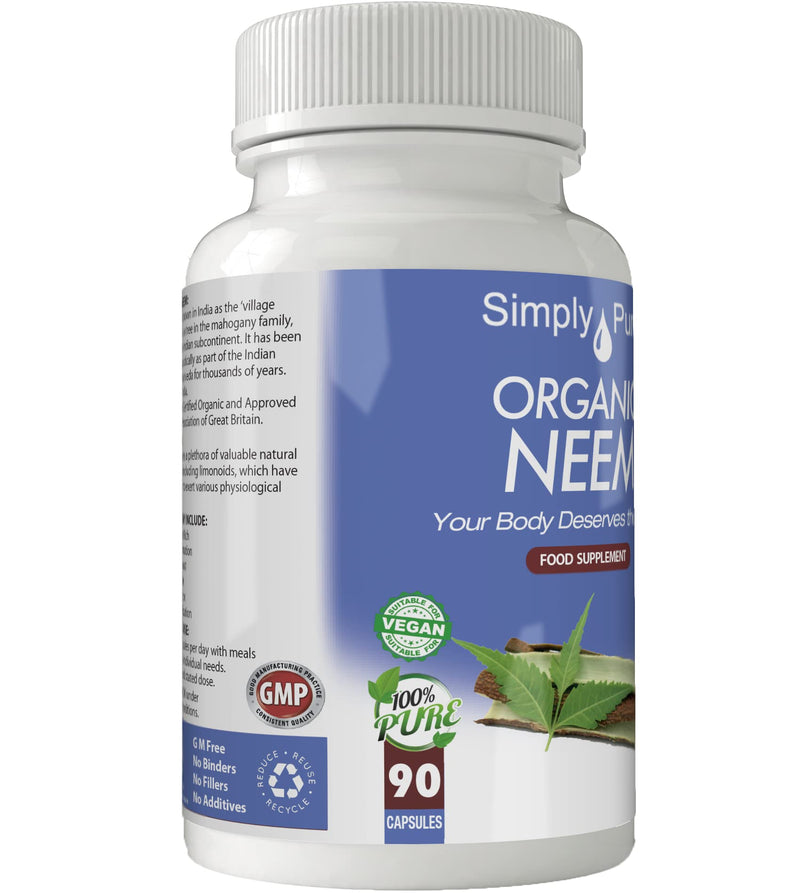 Simply Pure Organic Vegan Neem Capsules x 90, 500mg, 100% Natural Soil Association Certified, Gluten Free and GM Free. - BeesActive Australia