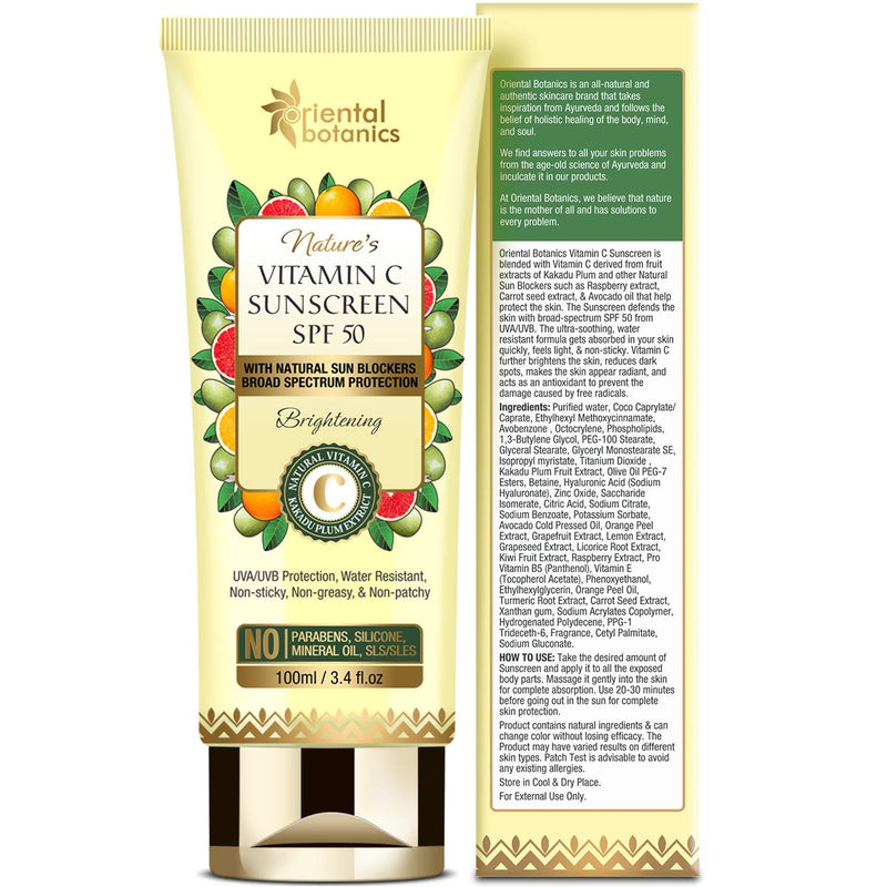 Oriental Botanics Nature's Vitamin C Brightening Sunscreen SPF 50 With Natural Sun Blockers - UVA/UVB Protection, Water Resistant - No Silicone,100ml - BeesActive Australia