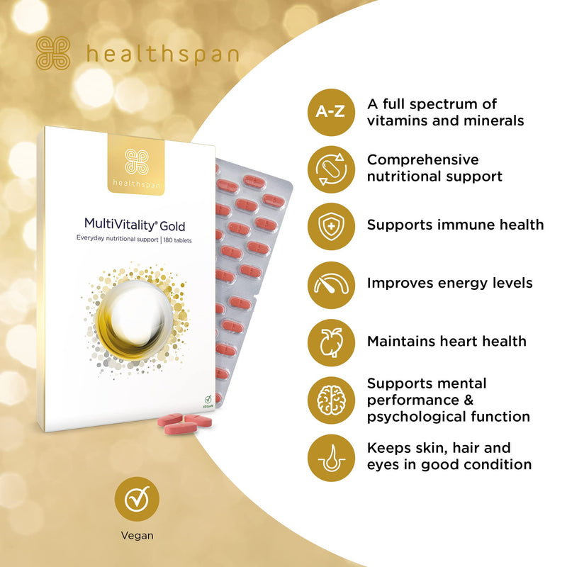 Healthspan Multivitamin Gold (90 Tablets) | A-Z Formulation | Wellbeing & Immune Support | Algal Source Vitamin D3 | Vitamins A, B, C, D, E & K | Calcium, Iron, Magnesium, Selenium & Zinc | Vegan 90 Count (Pack of 1) - BeesActive Australia