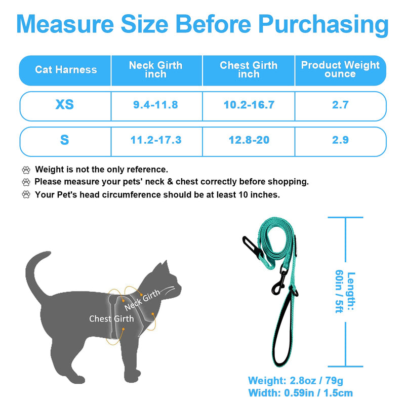 PetBonus Adjustable Cat Harness and Leash, Escape Proof Safe Breathable Pet Vest Harnesses for Walking, Easy Control Reflective Strip Comfortable Leash and Harness Set Jacket for Cats, Kitten, Kitty Turquoise X-Small - BeesActive Australia