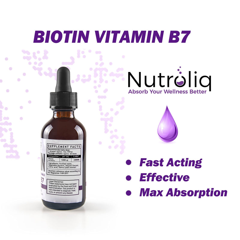 Nutroliq Biotin Liquid Drops - Vegan Vitamin B7 Dietary Supplement for Hair, Nail & Skin Health - Pure 12000mcg Biotin Drops for Hair Growth - Extra Strength Berry-Flavoured Vitamin H Serum - 60 ml - BeesActive Australia