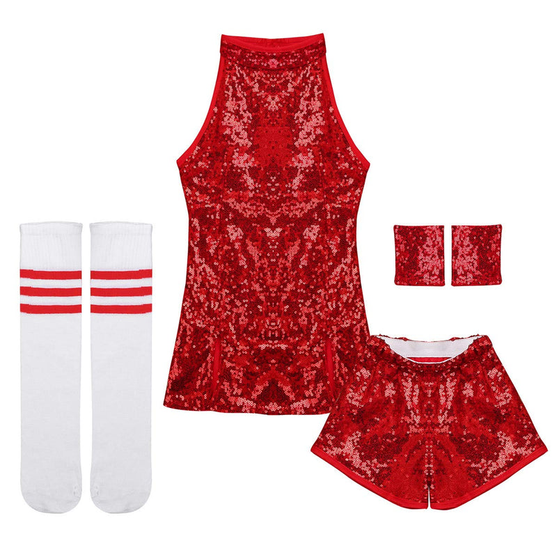 [AUSTRALIA] - YOOJIA Kids Girls Hip Hop Dance Performance Costume Hip-hop Jazz Dance Cheerleading Uniform Clothing Set Red 8 / 10 