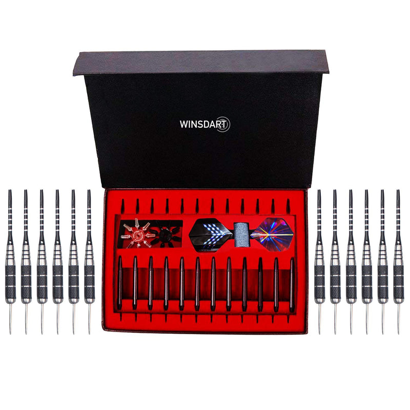 [AUSTRALIA] - WINSDART Steel Tip Darts Set 12 Pack 22 Grams with Nonslip Iron Barrel Aluminum Dart Shafts 2 Style Flights and Darts Sharpener, Gift Case Black 