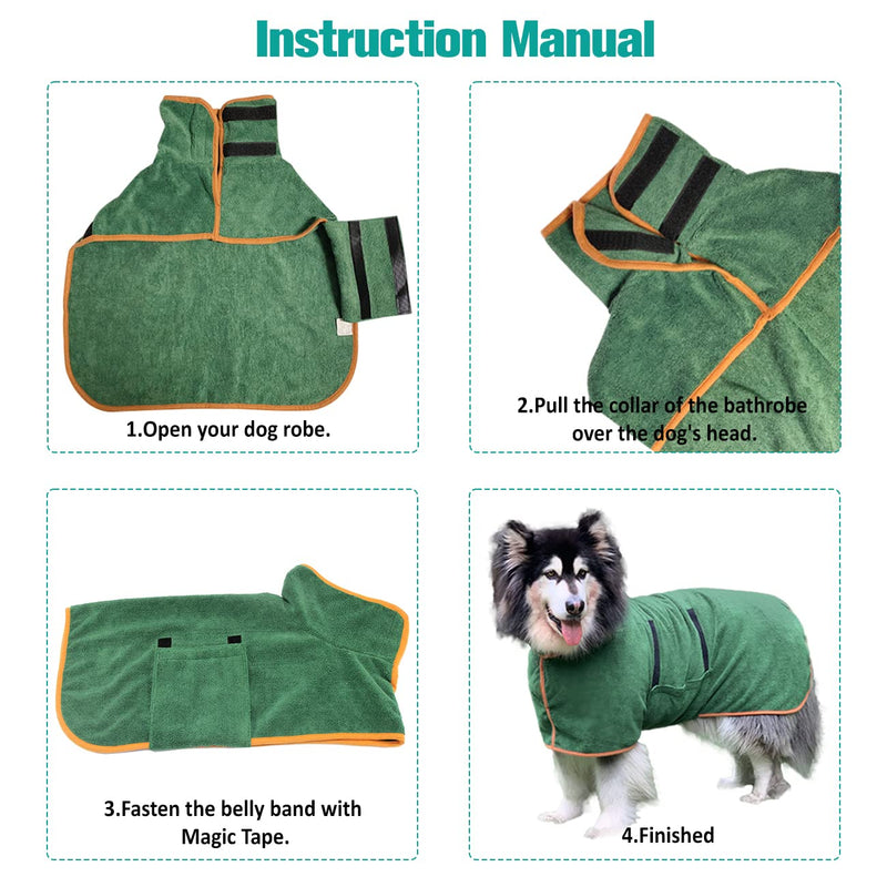 Dog Drying Coat Bathrobe Towel, Microfibre Material Fast Drying Super Absorbent Dog Bath Robe, Pet Quick Drying Moisture Absorbing with Adjustable Collar and Waist Xlarge: back length 29.5" Green - BeesActive Australia