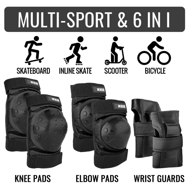 NHH Skateboard Knee Pads Set - 6 In 1 Protective Gear Set Knee Pads Elbow Pads and Wrist Guards for Kids Youth Adults Men and Women (Black, Small) Black - BeesActive Australia