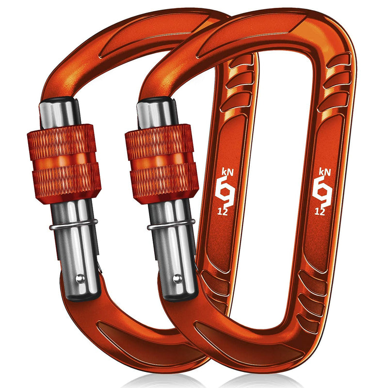 RHINO Produxs 2PCS of 12kN (2697 lbs) Heavy Duty Lightweight Locking Carabiner or Auto Locking Carabiner Clips, for Securing Pets, Outdoor, Camping, Hiking, Hammock, Dog Leash Harness, Keychains, Gym Locking Full Orange - BeesActive Australia