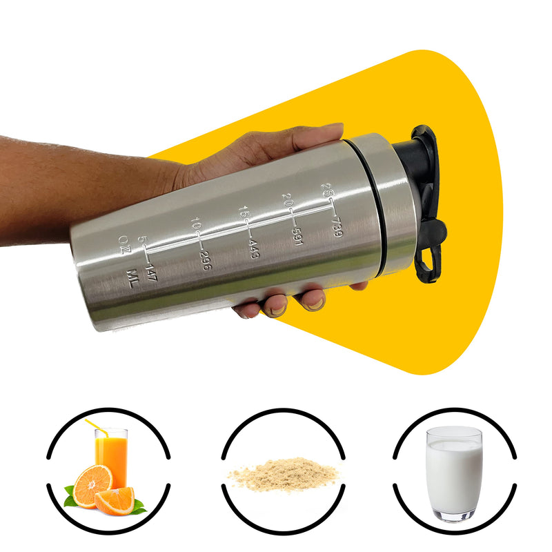 Stainless steel protein shake bottle for gym/sports, 740 ml metal bottle for mixing suppliments with mixing ball, Leak proof, BPA free, shaker bottle for men and women (silver) - BeesActive Australia